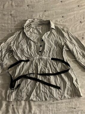 Y2k Style White and Black Striped Maternity Blouse with Waist Tie